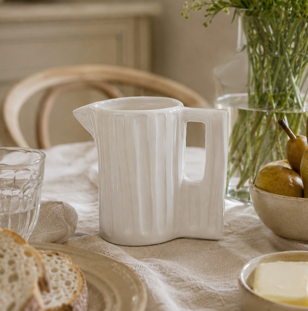 Medium Hand-Carved White Ceramic Jug